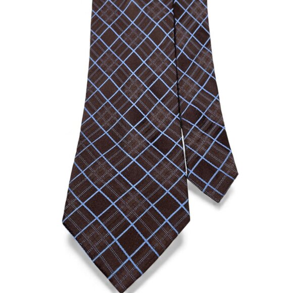 Nautica Silk Tie Brown Blue Plaid Geometric Diamonds - Picture 1 of 6